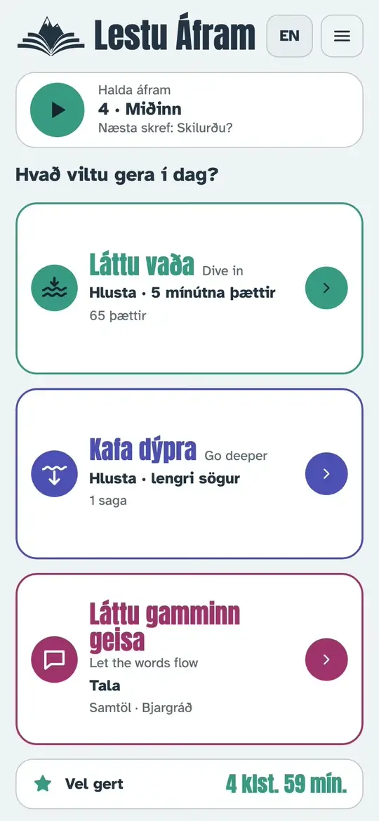 The app celebrating 5 hours: confetti falls around a card that says 5 klukkustundir af íslensku! Vel gert. 5 hours of Icelandic! Well done.