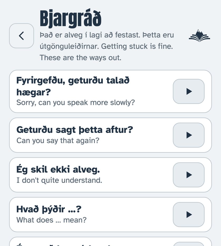 A list of help phrases with play buttons
