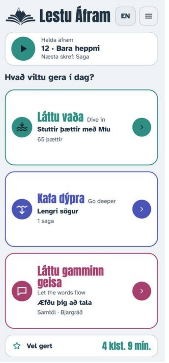 The Lestu Áfram home screen, with its three ways to learn