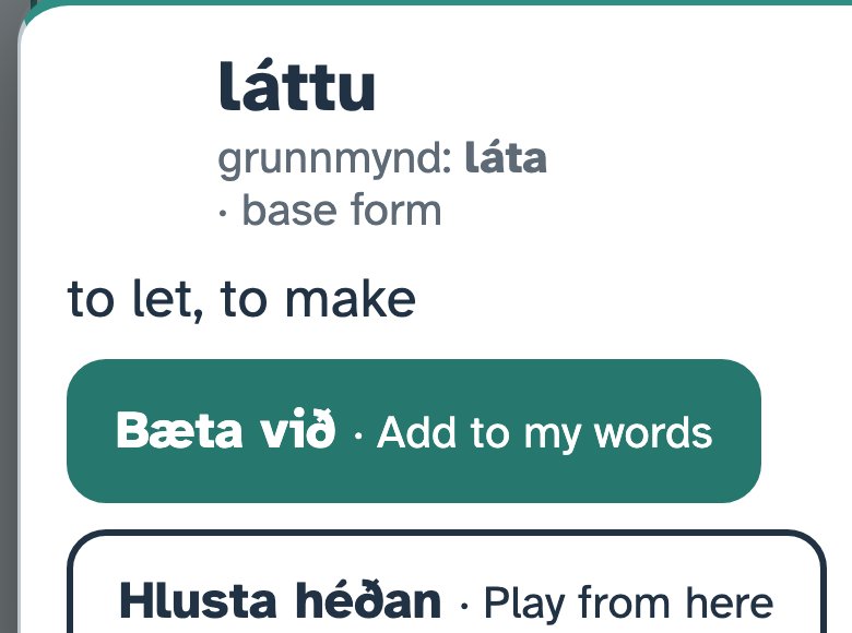 A tapped word showing its base form and English meaning
