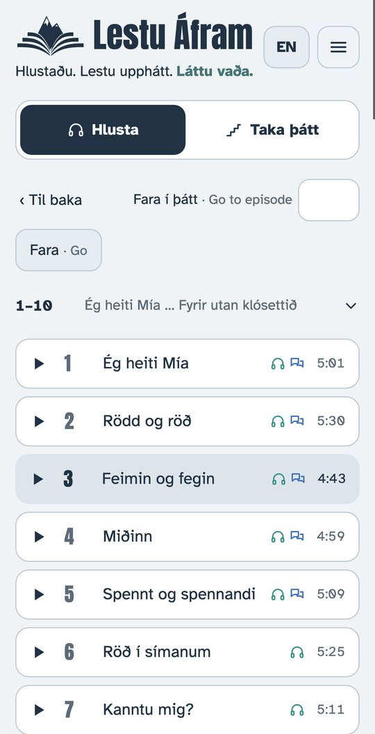 The Láttu vaða episode list: numbered five-minute episodes such as Ég heiti Mía, Rödd og röð and Feimin og fegin, each with a play button and its length