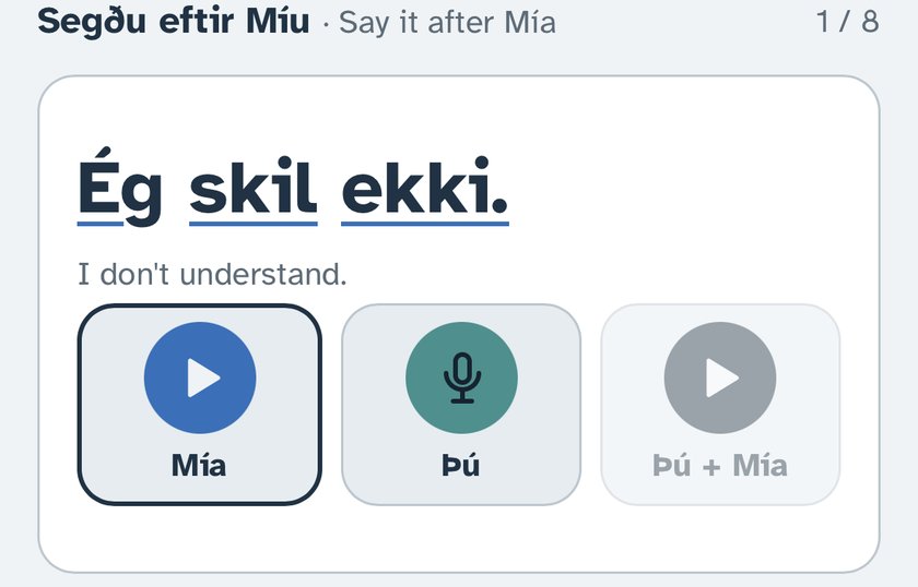 Segðu eftir Míu: the sentence Ég skil ekki, with buttons to hear Mía, record yourself, and play both