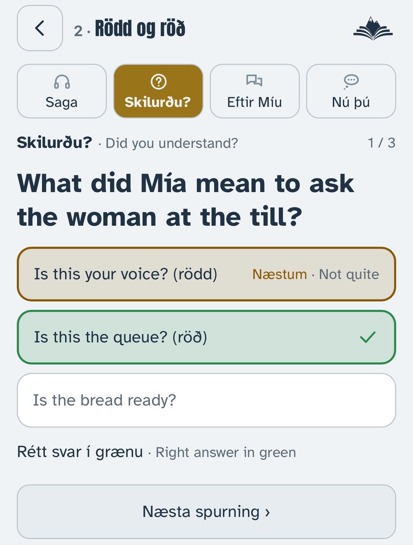 A Skilurðu? question: What did Mía mean to ask the woman at the till?